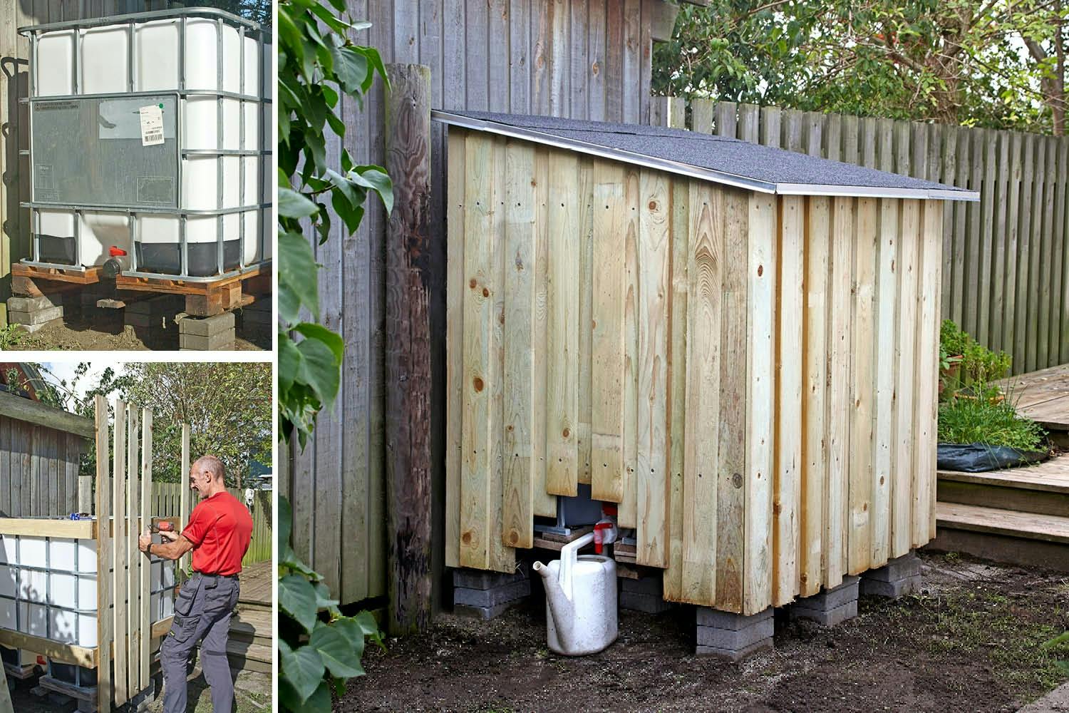 Smart skjul för en ful regnvattenbehållare Skjul för en ful regnvattenbehållare